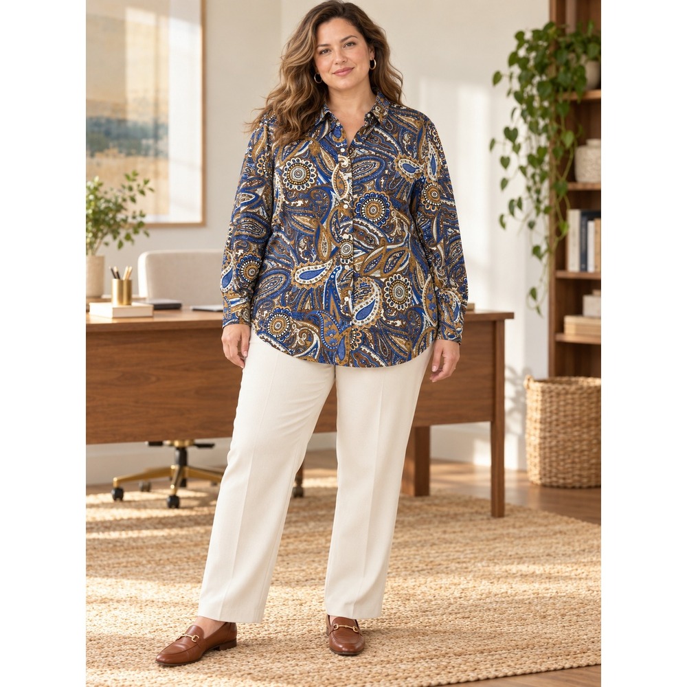 Jones New York Button Up Women 3X Blue Brown Paisley Cotton Long Sleeve Blouse